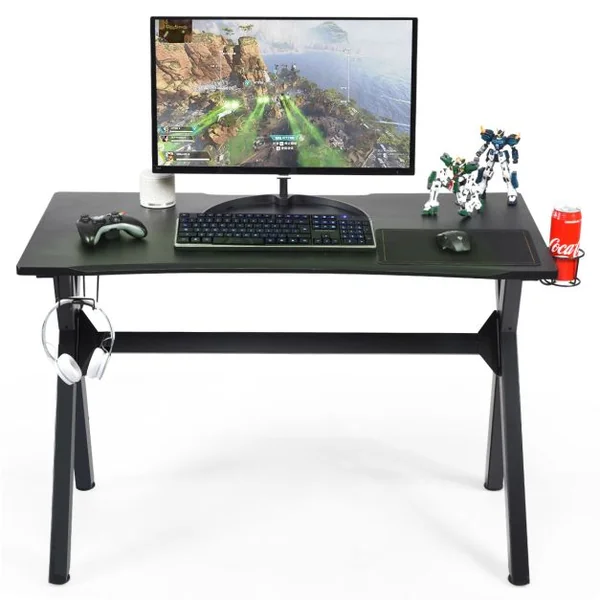 Bureau Gaming pour Gamer 123,5 x 60 x 76 CM Table Ergonomique avec Porte-Gobelet Crochet pour Casque et Tapis de Souris