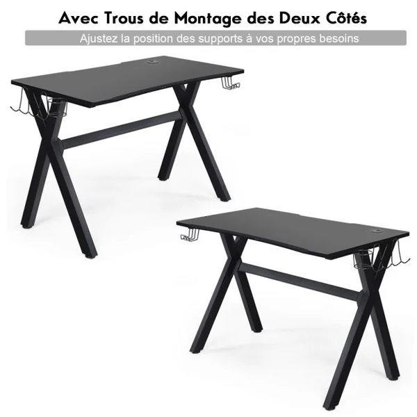 Bureau Gaming pour Gamer 123,5 x 60 x 76 CM Table Ergonomique avec Porte-Gobelet Crochet pour Casque et Tapis de Souris