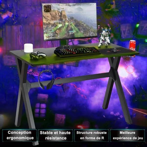 Bureau Gaming pour Gamer 123,5 x 60 x 76 CM Table Ergonomique avec Porte-Gobelet Crochet pour Casque et Tapis de Souris