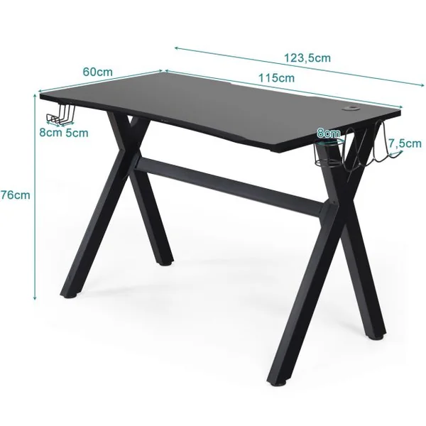 Bureau Gaming pour Gamer 123,5 x 60 x 76 CM Table Ergonomique avec Porte-Gobelet Crochet pour Casque et Tapis de Souris