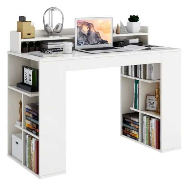 Bureau Informatique avec Étagère Surélevée et 2 Bibliothèques 120 x 54 x 90 CM Design Classique pour Bureau Blanc