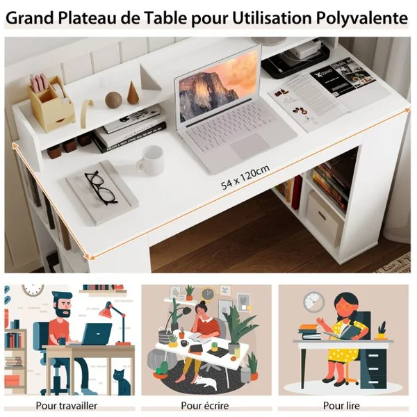 Bureau Informatique avec Étagère Surélevée et 2 Bibliothèques 120 x 54 x 90 CM Design Classique pour Bureau Blanc