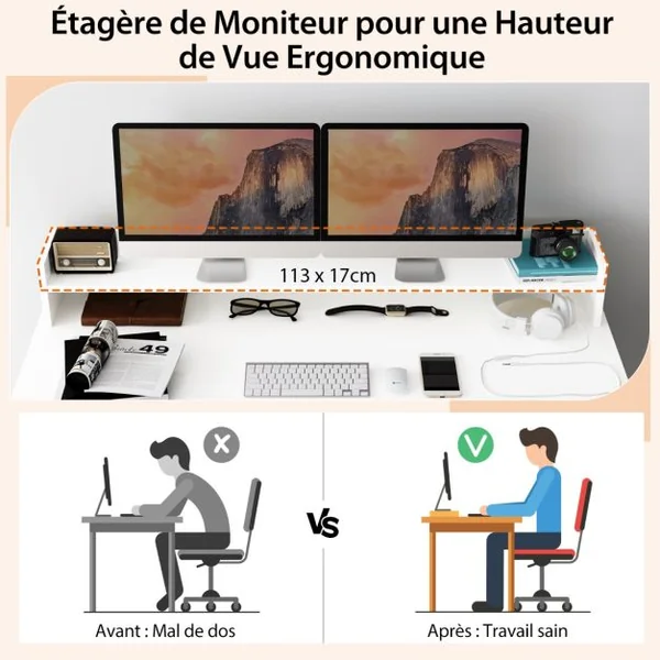 Bureau Informatique avec Étagère Surélevée et 2 Bibliothèques 120 x 54 x 90 CM Design Classique pour Bureau Blanc