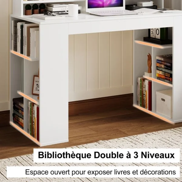 Bureau Informatique avec Étagère Surélevée et 2 Bibliothèques 120 x 54 x 90 CM Design Classique pour Bureau Blanc