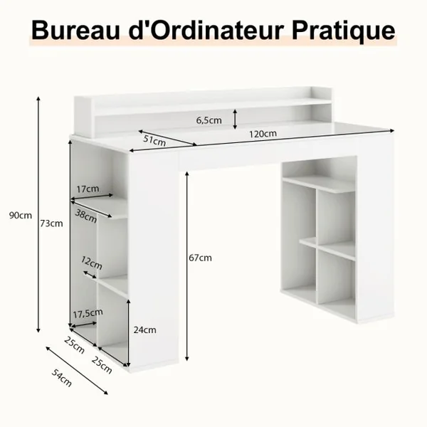 Bureau Informatique avec Étagère Surélevée et 2 Bibliothèques 120 x 54 x 90 CM Design Classique pour Bureau Blanc