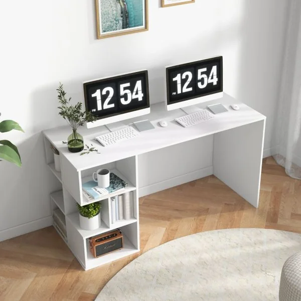 Bureau Informatique avec Étagères Ouvertes Kit Anti-basculement 140 x 50 x 75 CM Style Modern pour Bureau Étude Blanc