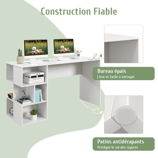 Bureau Informatique avec Étagères Ouvertes Kit Anti-basculement 140 x 50 x 75 CM Style Modern pour Bureau Étude Blanc