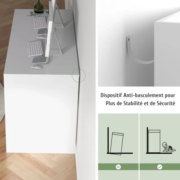 Bureau Informatique avec Étagères Ouvertes Kit Anti-basculement 140 x 50 x 75 CM Style Modern pour Bureau Étude Blanc