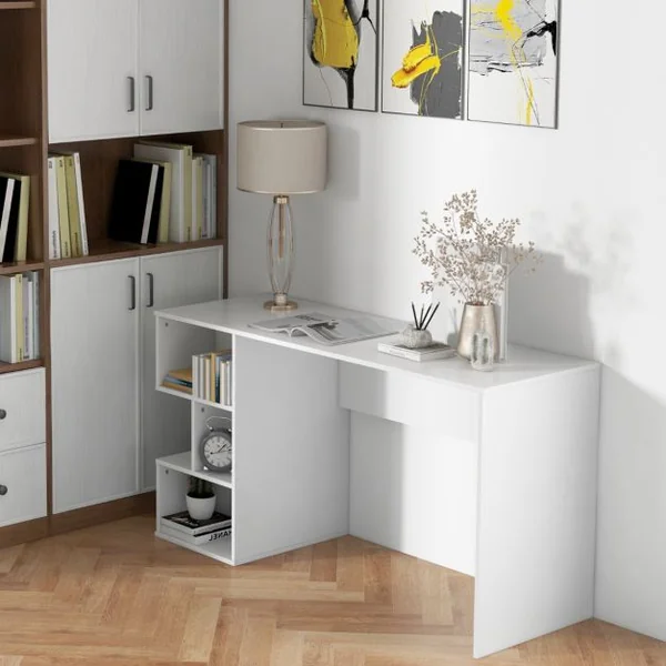 Bureau Informatique avec Étagères Ouvertes Kit Anti-basculement 140 x 50 x 75 CM Style Modern pour Bureau Étude Blanc