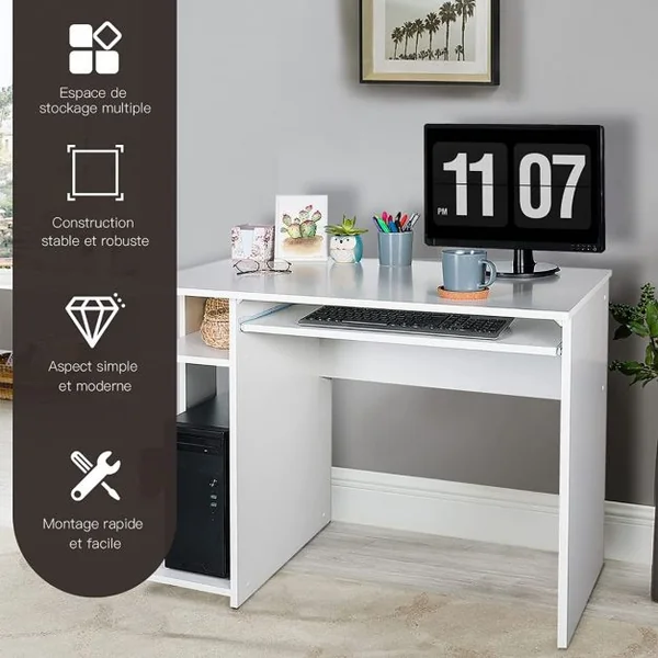 Bureau Informatique en Bois Table de Travail Polyvalente avec 2 Étagères de Rangement Ouvertes pour Salon Bureau