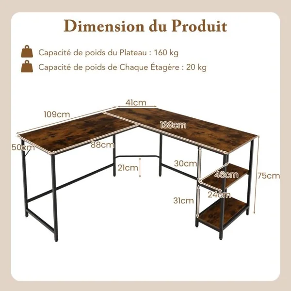 Bureau Informatique en Forme de L 138 CM Bureau d'Angle Bureau d'Étude avec Structure en Acier au Carbone Marron Rustique/Naturel/Noir