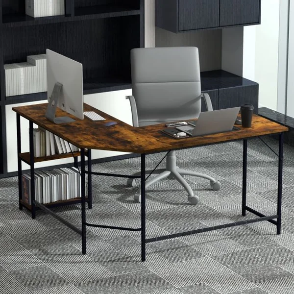 Bureau Informatique en Forme de L 138 CM Bureau d'Angle Bureau d'Étude avec Structure en Acier au Carbone Marron Rustique/Naturel/Noir