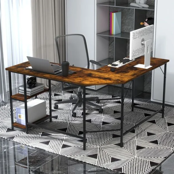 Bureau Informatique en Forme de L 138 CM Bureau d'Angle Bureau d'Étude avec Structure en Acier au Carbone Marron Rustique/Naturel/Noir