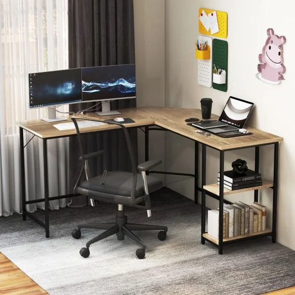 Bureau Informatique en Forme de L 138 CM Bureau d'Angle Bureau d'Étude avec Structure en Acier au Carbone Marron Rustique/Naturel/Noir
