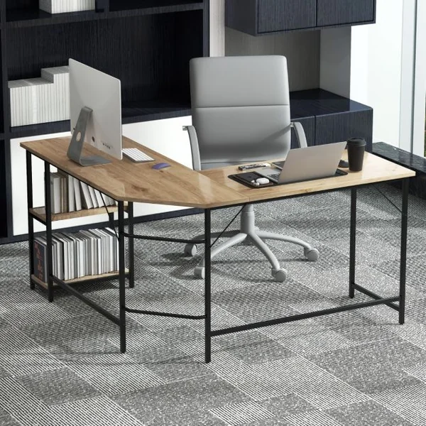 Bureau Informatique en Forme de L 138 CM Bureau d'Angle Bureau d'Étude avec Structure en Acier au Carbone Marron Rustique/Naturel/Noir