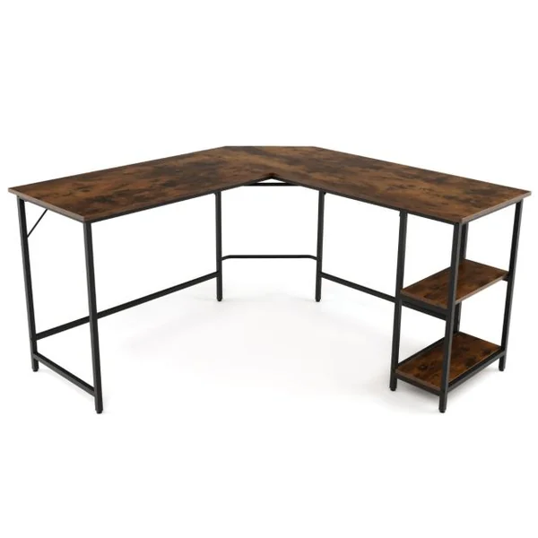 Bureau Informatique en Forme de L 138 CM Bureau d'Angle Bureau d'Étude avec Structure en Acier au Carbone Marron Rustique/Naturel/Noir