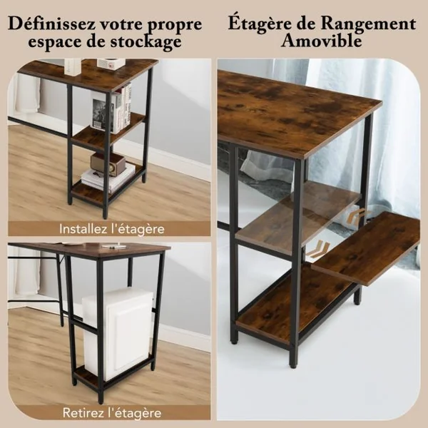 Bureau Informatique en Forme de L 138 CM Bureau d'Angle Bureau d'Étude avec Structure en Acier au Carbone Marron Rustique/Naturel/Noir