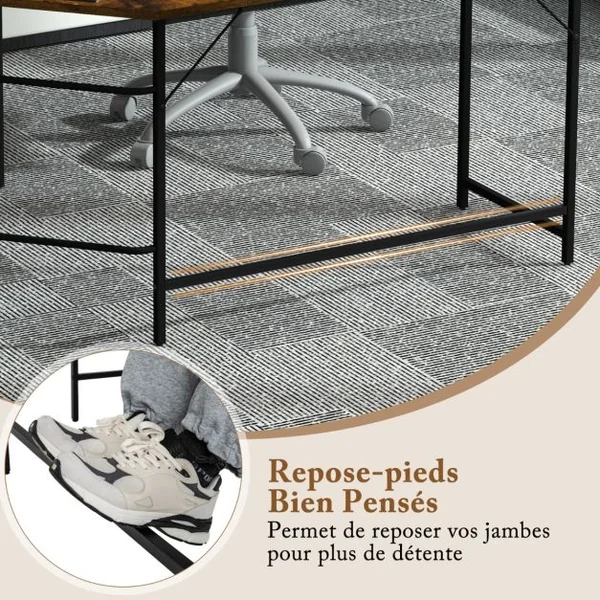 Bureau Informatique en Forme de L 138 CM Bureau d'Angle Bureau d'Étude avec Structure en Acier au Carbone Marron Rustique/Naturel/Noir
