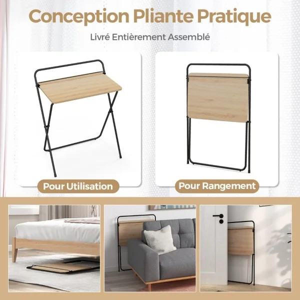 Bureau Informatique Pliable de 60 Cm Bureau D'écriture Compact pour Le Bureau à Domicile avec Support pour Tablette Bureau D'étude Polyvalent Naturel