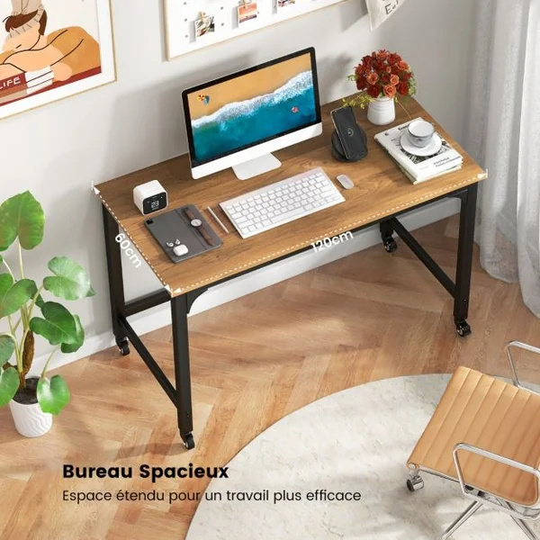 Bureau Informatique Roulant de 120 Cm Bureau D'étude Mobile avec Cadre en Métal Bureau de Bureau Movable Poste de Travail de Style Simple Naturel