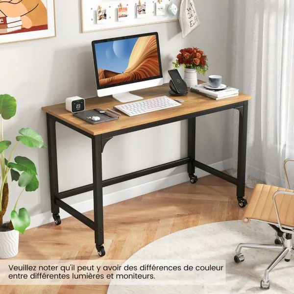 Bureau Informatique Roulant de 120 Cm Bureau D'étude Mobile avec Cadre en Métal Bureau de Bureau Movable Poste de Travail de Style Simple Naturel