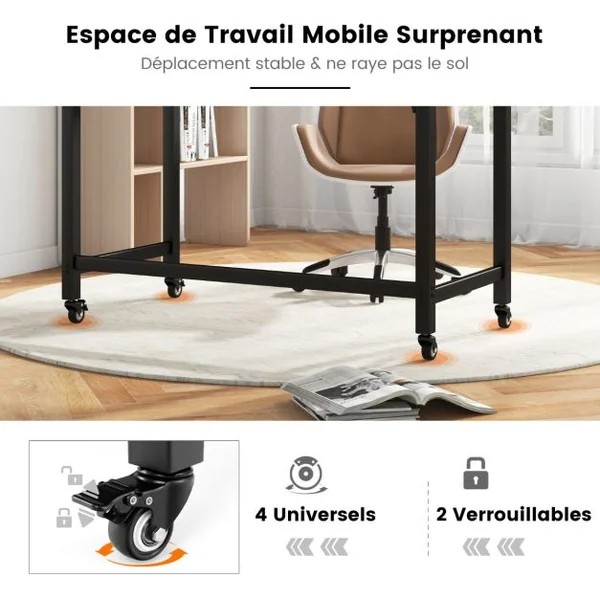 Bureau Informatique Roulant de 120 Cm Bureau D'étude Mobile avec Cadre en Métal Bureau de Bureau Movable Poste de Travail de Style Simple Naturel