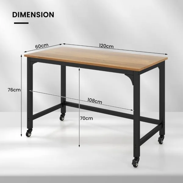 Bureau Informatique Roulant de 120 Cm Bureau D'étude Mobile avec Cadre en Métal Bureau de Bureau Movable Poste de Travail de Style Simple Naturel
