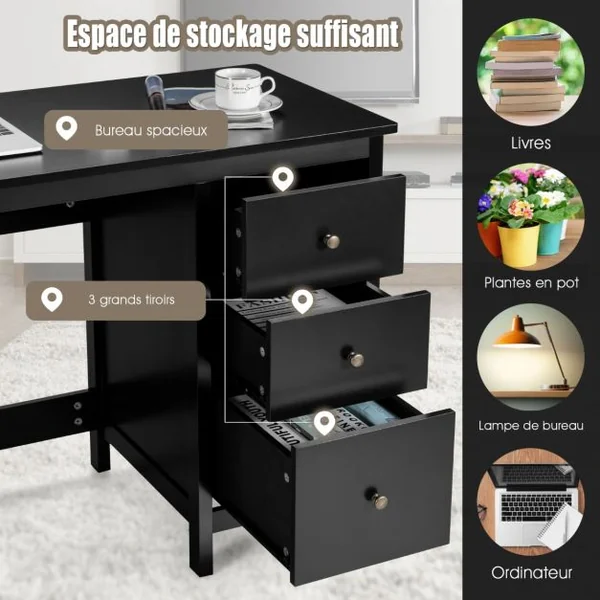 Bureau Informatique Table d'Ordinateur 120 x 50 x75 cm Spacieux avec 3 Tiroirs Style Moderne Coloris Noir/Blanc