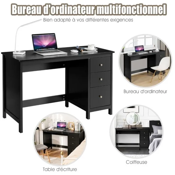Bureau Informatique Table d'Ordinateur 120 x 50 x75 cm Spacieux avec 3 Tiroirs Style Moderne Coloris Noir/Blanc
