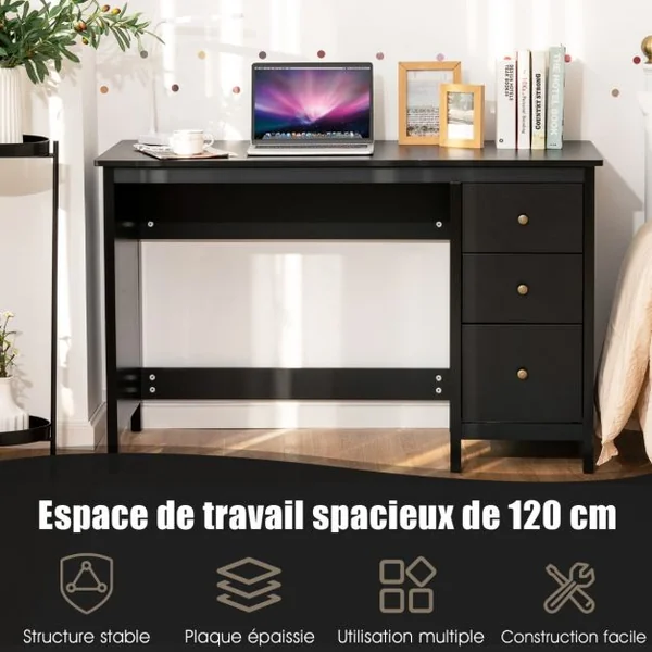 Bureau Informatique Table d'Ordinateur 120 x 50 x75 cm Spacieux avec 3 Tiroirs Style Moderne Coloris Noir/Blanc