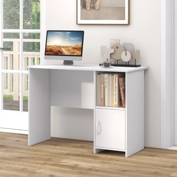 Bureau Moderne avec Armoire Bureau d'Etude avec Trous pour Câbles et Etagère Ouverte, Bureau avec Rangement Poste de Travail Compact Blanc