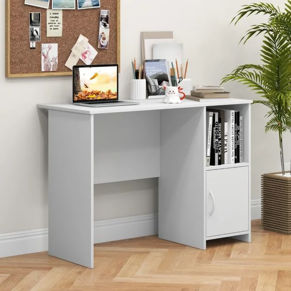 Bureau Moderne avec Armoire Bureau d'Etude avec Trous pour Câbles et Etagère Ouverte, Bureau avec Rangement Poste de Travail Compact Blanc