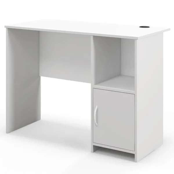 Bureau Moderne avec Armoire Bureau d'Etude avec Trous pour Câbles et Etagère Ouverte, Bureau avec Rangement Poste de Travail Compact Blanc