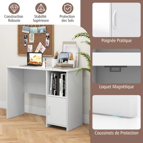 Bureau Moderne avec Armoire Bureau d'Etude avec Trous pour Câbles et Etagère Ouverte, Bureau avec Rangement Poste de Travail Compact Blanc