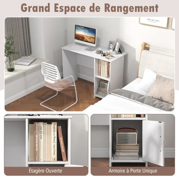 Bureau Moderne avec Armoire Bureau d'Etude avec Trous pour Câbles et Etagère Ouverte, Bureau avec Rangement Poste de Travail Compact Blanc