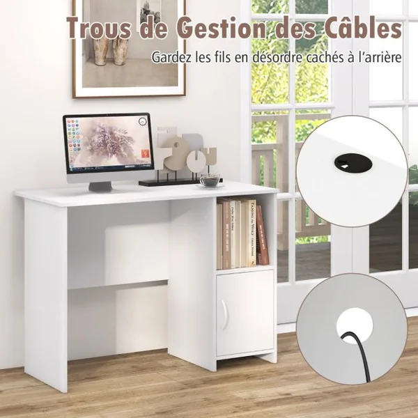 Bureau Moderne avec Armoire Bureau d'Etude avec Trous pour Câbles et Etagère Ouverte, Bureau avec Rangement Poste de Travail Compact Blanc