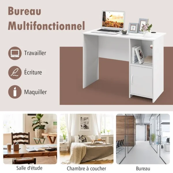 Bureau Moderne avec Armoire Bureau d'Etude avec Trous pour Câbles et Etagère Ouverte, Bureau avec Rangement Poste de Travail Compact Blanc