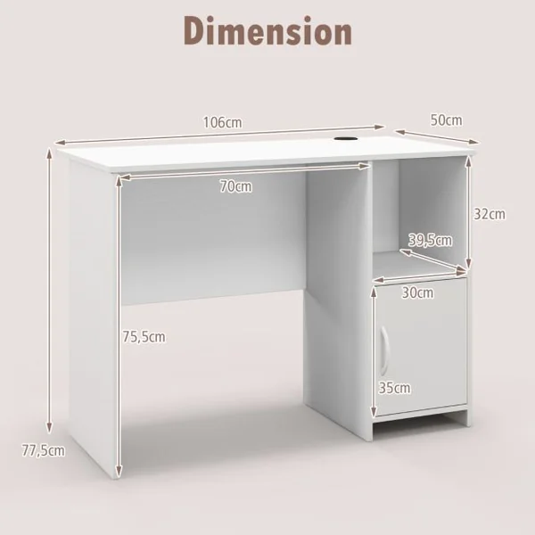 Bureau Moderne avec Armoire Bureau d'Etude avec Trous pour Câbles et Etagère Ouverte, Bureau avec Rangement Poste de Travail Compact Blanc