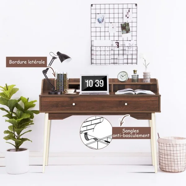 Bureau Moderne avec Tiroiret Étagère 120 x 50 x 93 Cm Table d'Écriture avec Dispositif Anti-basculement Naturel