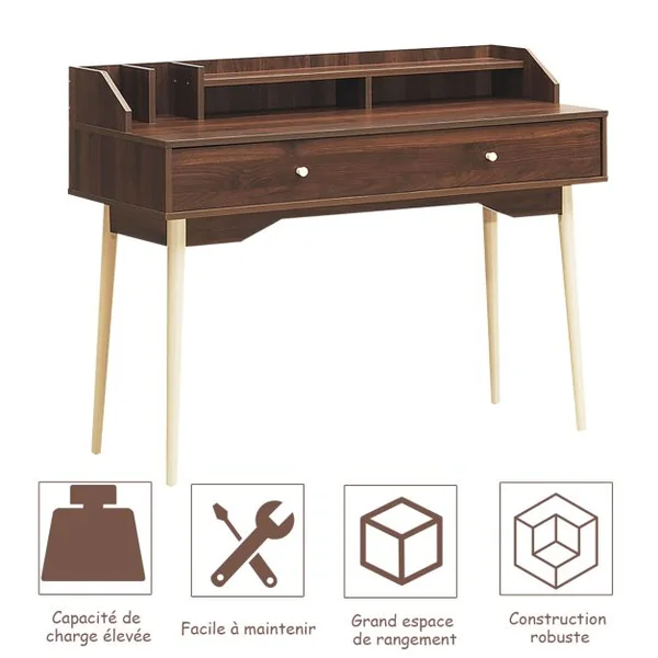 Bureau Moderne avec Tiroiret Étagère 120 x 50 x 93 Cm Table d'Écriture avec Dispositif Anti-basculement Naturel