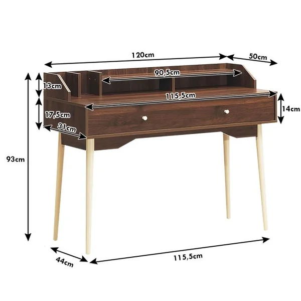 Bureau Moderne avec Tiroiret Étagère 120 x 50 x 93 Cm Table d'Écriture avec Dispositif Anti-basculement Naturel