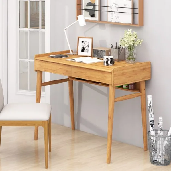 Bureau Moderne en Bambou Du Milieu Du Siècle Bureau D'écriture 100 Cm 2 Tiroirs de Rangement pour Travailler Étudier Naturel