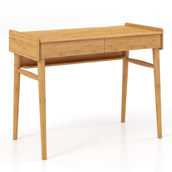 Bureau Moderne en Bambou Du Milieu Du Siècle Bureau D'écriture 100 Cm 2 Tiroirs de Rangement pour Travailler Étudier Naturel