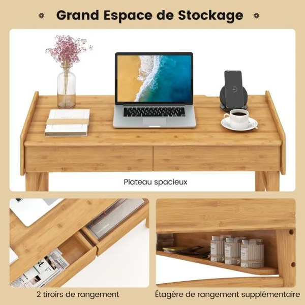 Bureau Moderne en Bambou Du Milieu Du Siècle Bureau D'écriture 100 Cm 2 Tiroirs de Rangement pour Travailler Étudier Naturel