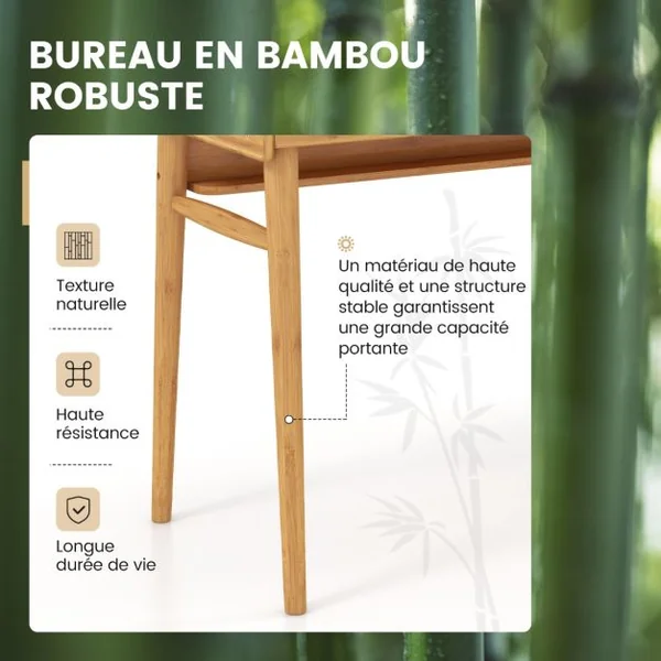 Bureau Moderne en Bambou Du Milieu Du Siècle Bureau D'écriture 100 Cm 2 Tiroirs de Rangement pour Travailler Étudier Naturel