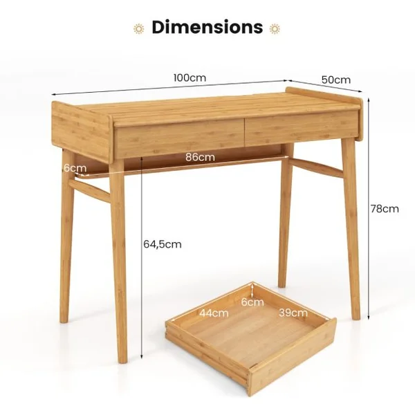 Bureau Moderne en Bambou Du Milieu Du Siècle Bureau D'écriture 100 Cm 2 Tiroirs de Rangement pour Travailler Étudier Naturel