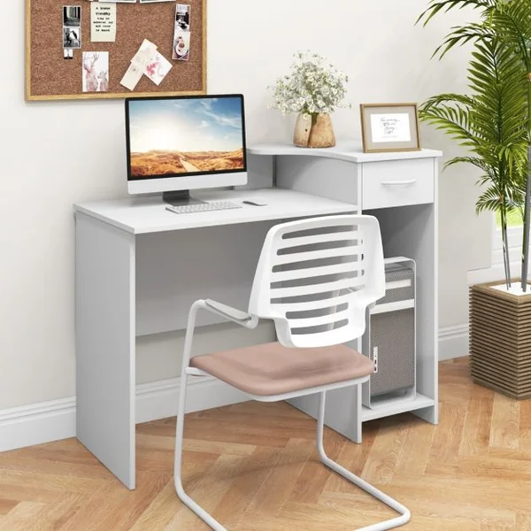 Bureau Moderne Tiroir Etagère Réglable Trou pour Câbles Bureau d'Ecriture Bureau d'Etude pour Ecran Station de Travail 102x49,5x84,5cm Blanc
