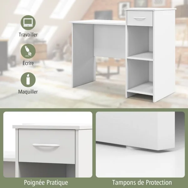 Bureau Moderne Tiroir Etagère Réglable Trou pour Câbles Bureau d'Ecriture Bureau d'Etude pour Ecran Station de Travail 102x49,5x84,5cm Blanc