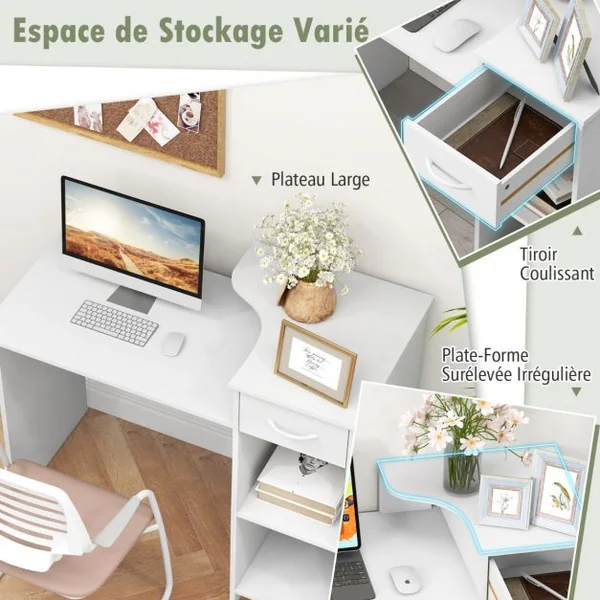 Bureau Moderne Tiroir Etagère Réglable Trou pour Câbles Bureau d'Ecriture Bureau d'Etude pour Ecran Station de Travail 102x49,5x84,5cm Blanc