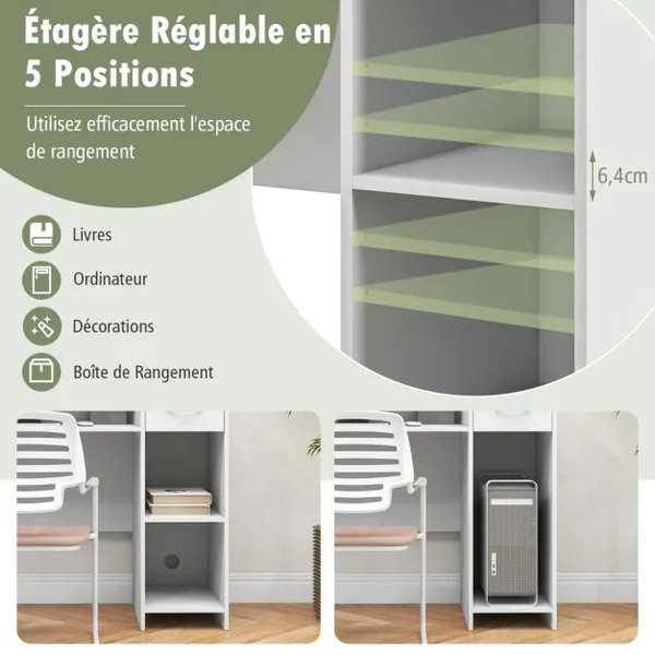 Bureau Moderne Tiroir Etagère Réglable Trou pour Câbles Bureau d'Ecriture Bureau d'Etude pour Ecran Station de Travail 102x49,5x84,5cm Blanc